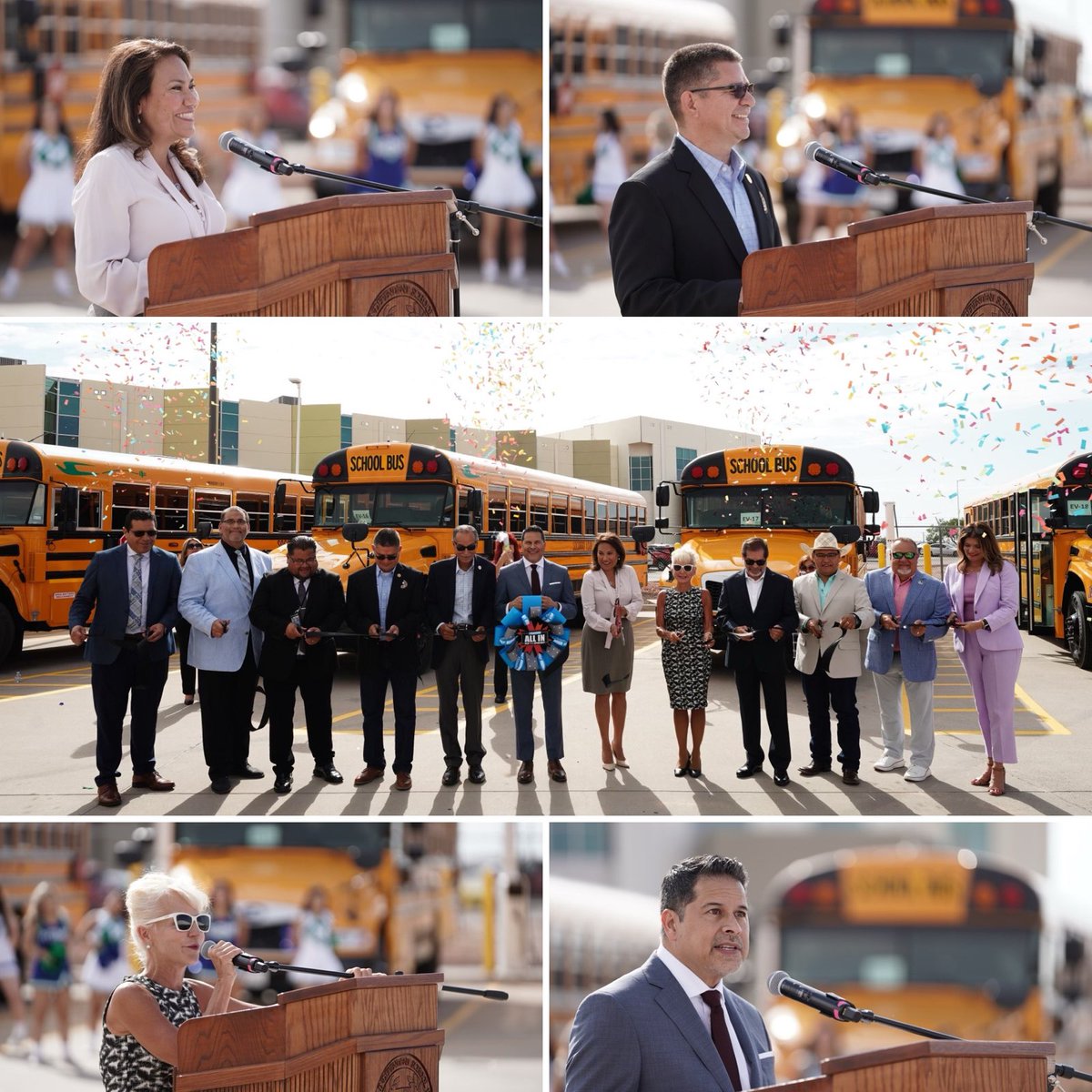SocorroISD's tweet photo. #TeamSISD hosted a ribbon-cutting ceremony this morning with key stakeholders to celebrate 25 new electric school buses and charging stations for the 2024-25 school year. SISD is the first district in the region to introduce electric school buses and is #ALLIN to contribute to a cleaner environment for students, staff and the community.