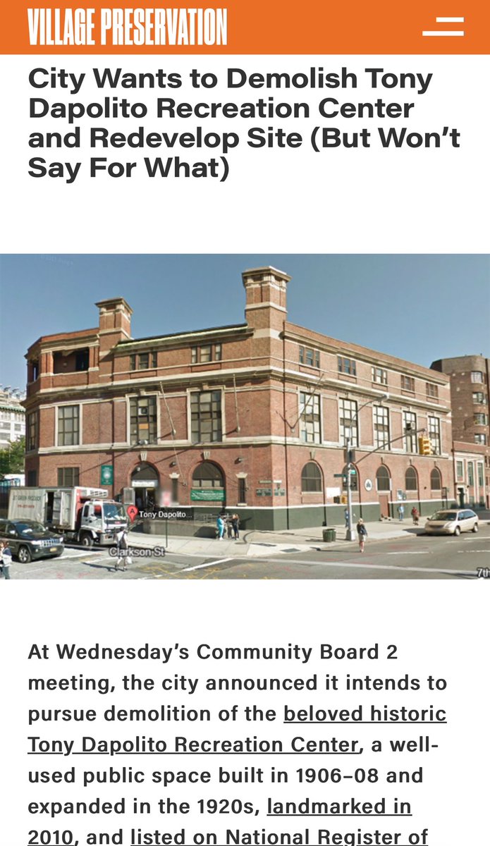 Thanks to <a href="/preservenys/">Preservation League of NYS</a> <a href="/NYLCstaff/">NY Landmarks</a> <a href="/HDC_NYC/">HDC</a> <a href="/LandmarkWest/">LANDMARK WEST!</a> <a href="/SaveHarlemNow/">Save Harlem Now</a> for joining us in opposing the city’s plan to demolish the historic Tony Dapolito Rec. Center. Find out more about the fight to save this beloved landmark and how you can help save it: villagepreservation.org/campaign-updat…