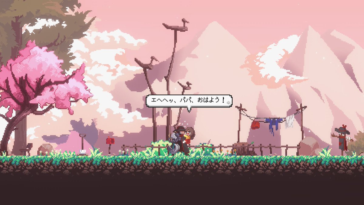 knt3a's tweet photo. SANABIクリアしたー!!
基本はスピード感のあるワイヤーアクションなんだけど、ゲームの手触り感、ドット絵、音楽のクオリティが高い
そしてなんといってもストーリーがめちゃめちゃ良かった♪
最後はハンカチ必須
全体的に暗めだけどコメディ要素も強いから、今のところ今年一番好きな作品♪
 #SANABI https://t.co/bhAuV7rK5y