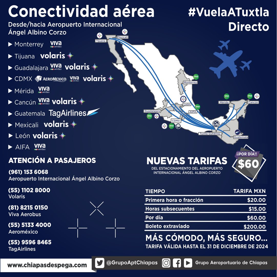 GrupoAptChiapas's tweet image. El Aeropuerto Internacional Ángel Albino Corzo te conecta con diversos destinos, 9 nacionales y 1 internacional.
Chiapas está más conectado que NUNCA ¡Visítanos! 
Visita chiapasdespega.com para mayor información
#GrupoAeroportuarioDeChiapas #Vuela #Conoce #Viaja #GAC