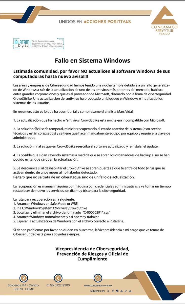 Fallo en el sistema Windows!!!!
@Concanaco informa respecto del incidente y proporciona alternativas de solución.