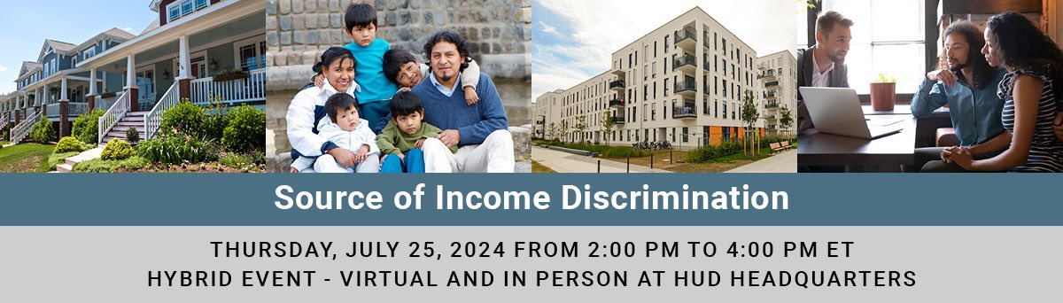 HUDUSERnews's tweet photo. PD&R’s latest Quarterly Update event on source of income discrimination and laws is coming up! The hybrid event, scheduled for July 25, will focus on source of income discrimination and laws. Register now to attend virtually! https://t.co/JrpBYeAQLp #PDRUpdate https://t.co/G19tlEhhLC