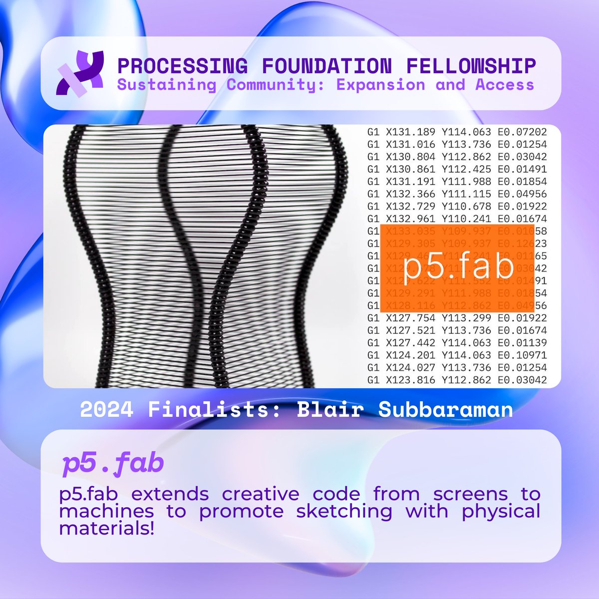 ProcessingOrg's tweet photo. @code_rgb @blairsubbaraman @phoenixperry 2024 Processing Foundation Finalist: Blair’s @blairsubbaraman work explores machine automation as a creative medium. He builds systems to creatively engage computer-controlled machines like 3D printers, plotters, and CNC mills 💜#machineautomation
https://t.co/1WBTR0NVti https://t.co/28uXmTPfSH