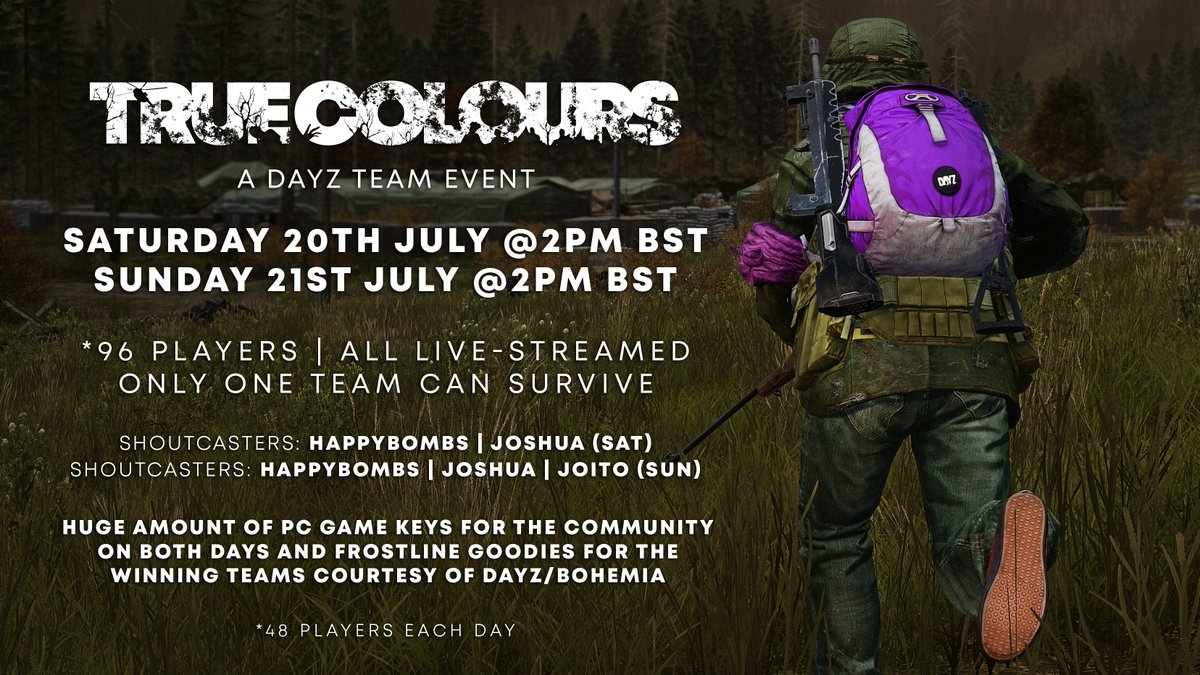 HappyBombs's tweet image. It's almost time... watching anything this weekend?

@DayZ Live-streamers from Twitch/YouTube of all channel sizes come together for a weekend of laughs, panic, awesome PVP and a bit of fishing/hunting all against the clock.

To win, teams need to survive and be the last…
