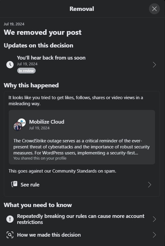 MobilizeCloud's tweet photo. Very curious how much @CrowdStrike is paying Facebook to censor posts around the outage that is currently taking place.

#Crowdstrike #Outage #ITDisruption https://t.co/LvEPwlqfvw