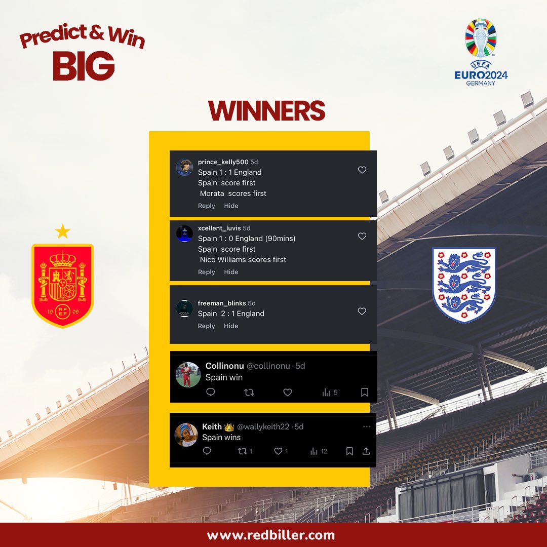 theRedbiller's tweet photo. Congratulations to our winners for correctly predicting the winners of EURO2024 final games!  You’ve won a prize! Please DM us to claim your prize! https://t.co/KgkTxf7Nnq