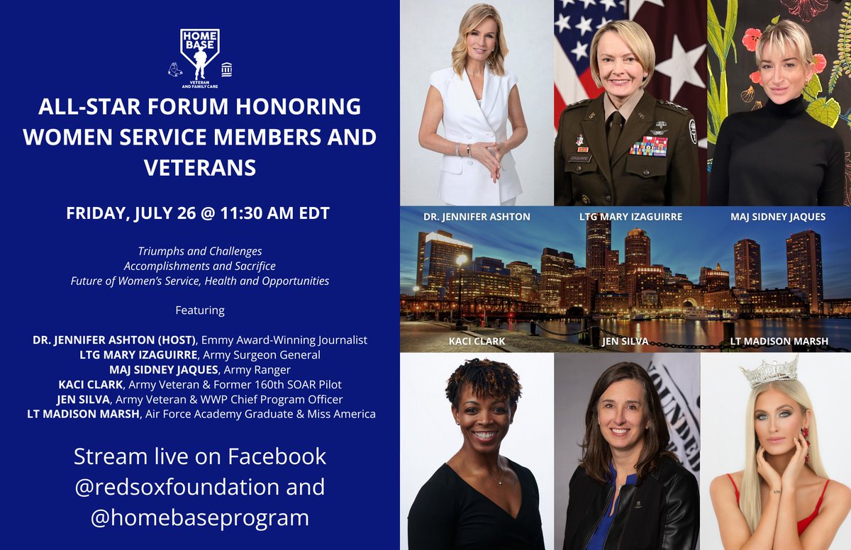 ONE WEEK AWAY: Join us and <a href="/RedSoxFund/">Red Sox Foundation</a> on Facebook on July 26, for the livestream of the ALL-STAR FORUM HONORING WOMEN SERVICE MEMBERS AND VETERANS featuring:
 
🎤 Dr. Jennifer Ashton
🎤 LTG Mary Izaguirre
🎤 MAJ Sidney Jaques
🎤 Kaci Clark
🎤 Jen Silva
🎤 LT Madison Marsh