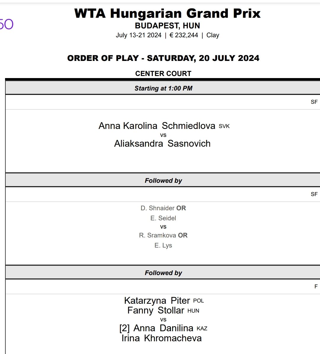 WTABudapest's tweet photo. Saturday's order of play with the singles semis and the doubles final! https://t.co/kLwIV7o3Bb
