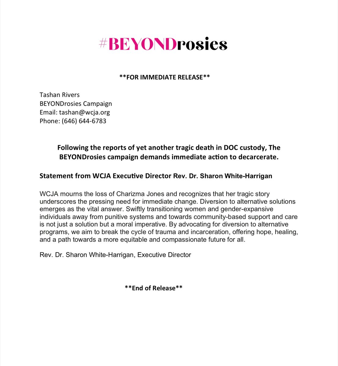 WomensCJA's tweet photo. Statement from Rev. Dr. Sharon White-Harrigan following the tragic death of Charizma Jones #BEYONDrosies https://t.co/sbdYW2Vxjs