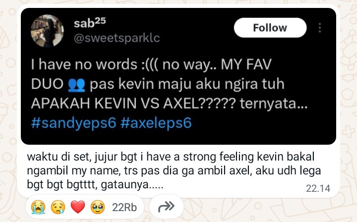 istianaul's tweet photo. brrti emg dri awal udh ada feeling bakal vs sm bestie sndri ya xel.. so sad:(((

tp lebih sedihnya lagi krn nangisnya ngegantung bzirrrrr, kudu nunggu minggu depan🫠😭☝🏻 pdhl udh nyesek bgt ini😭
#axeleps6 #sandyeps6 https://t.co/uRjf7yZBzt