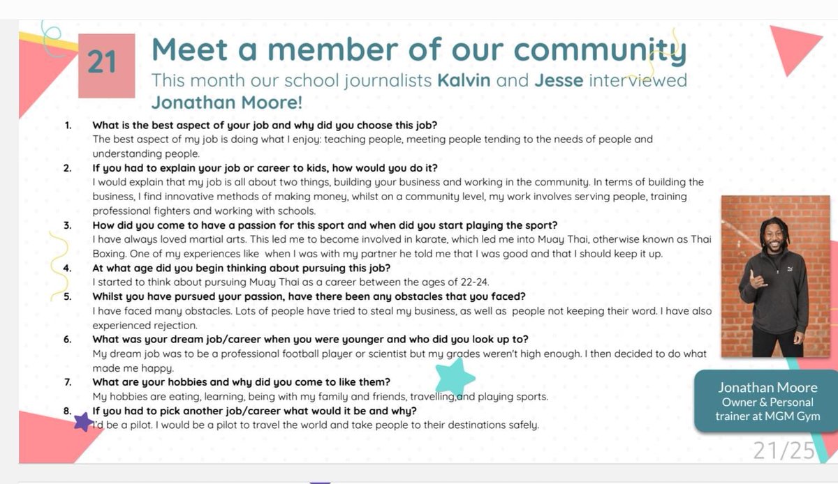 This term I was interviewed by a wonderful young student at    @lucasvaleps primary school in Deptford. 

Below is the interview he held with me 😊

<a href="/MGMgymldn/">MGM Gym Ldn</a>