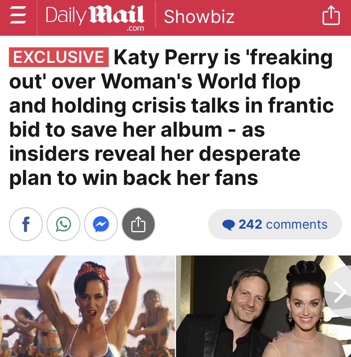MrPopOfficial's tweet photo. Sources say that Katy Perry is “freaking out” about the failure of “Woman’s World” and blaming everyone but herself.

A source says:

“Katy is now demanding that they go back to the drawing board ahead of the release of more singles and they are adjusting the album right now in a desperate attempt to salvage her comeback.”

Another source adds:

“She was insane to think that Dr. Luke was a good idea. She didn’t listen to anyone. Instead of diving deep and creating art she put something out that sounded like it could have been on an album of hers from 2010.”