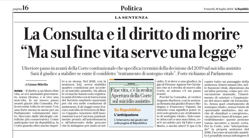 La Corte costituzionale ha rigettato come infondata la questione di illegittimità sull'apertura senza limiti al suicidio assistito negando che qualunque malato possa accedere. E Repubblica che titolo sceglie? C'è un serio problema di informazione affidabile, altroché.