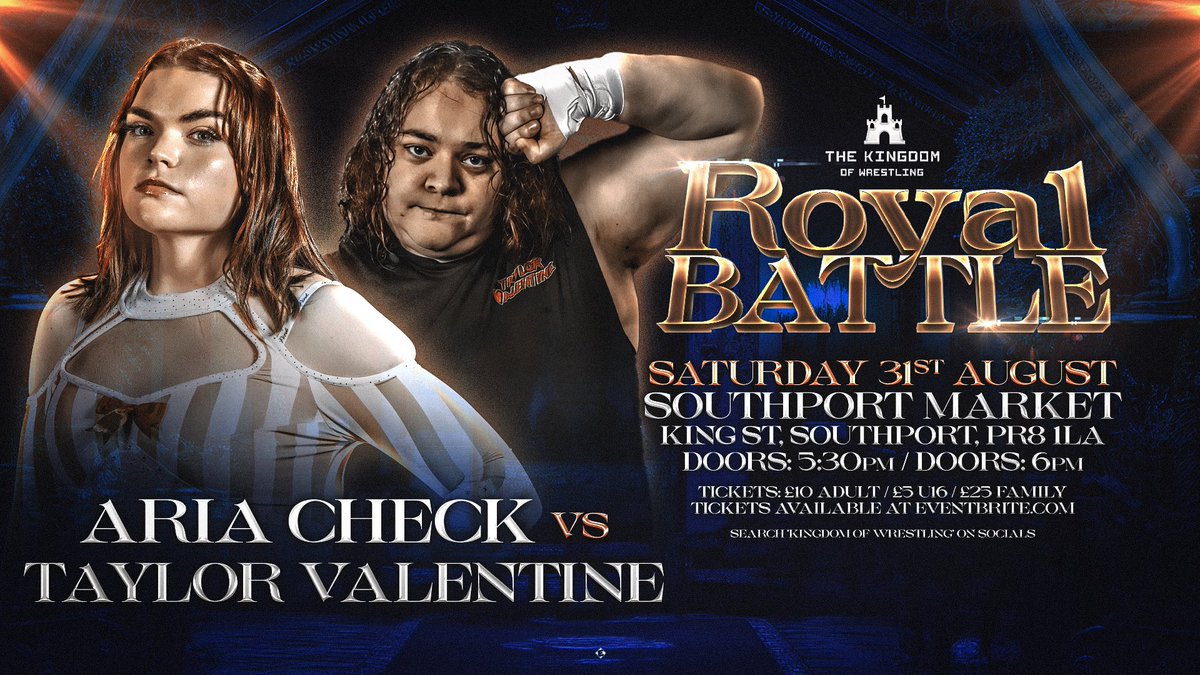 T_K0W's tweet photo. Due to unforeseen circumstances, Jennie B has had to pull out of Royal Battle. In her place steps @AriaCheckPW to take on Taylor Valentine.

This is Aria’s first singles match at TKOW and we can’t wait! 

August 31st at @spt_mkt 

Tickets; https://t.co/E6ZmTDA6aw https://t.co/zLob2pCGfp