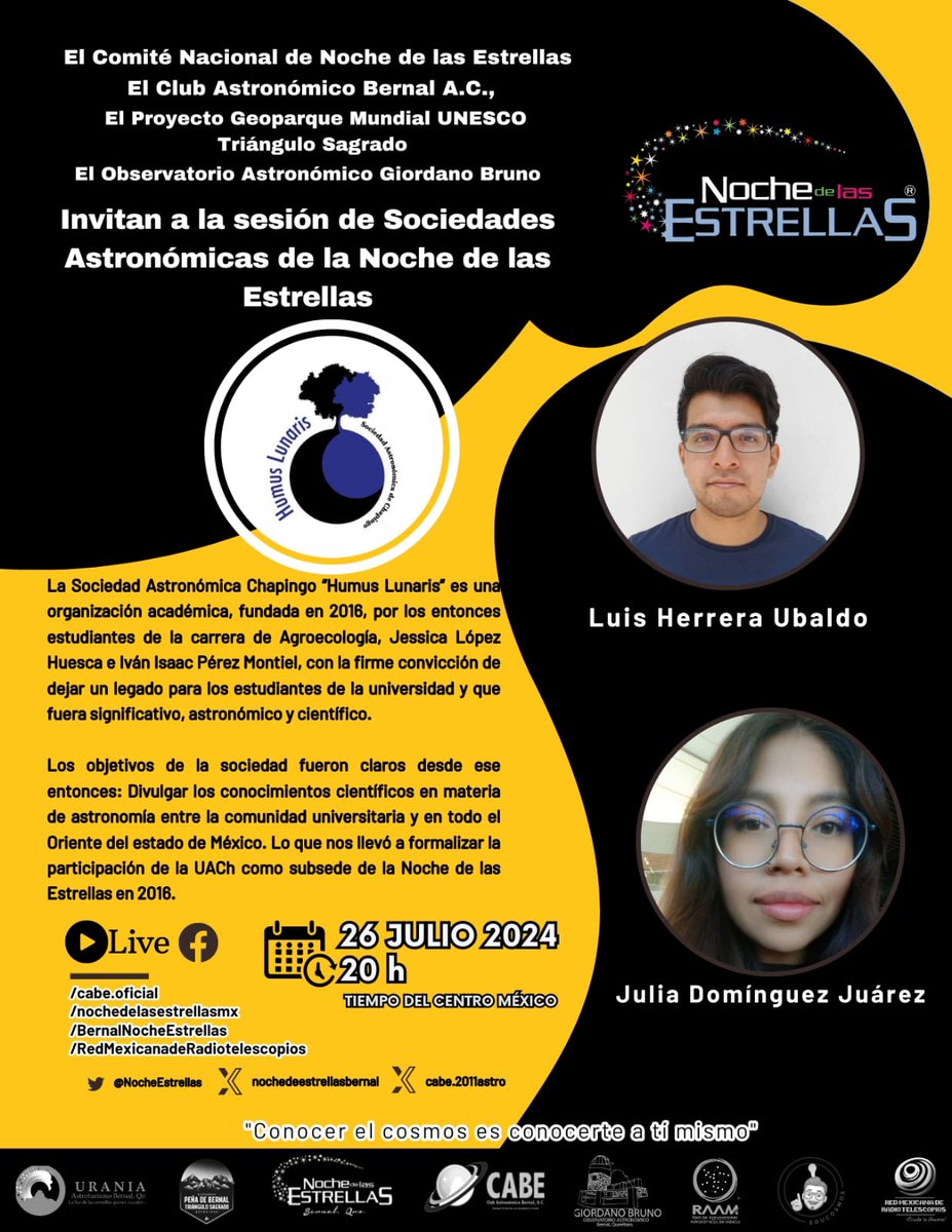 En la sesión de este mes de las agrupaciones de la NdE, en el canal del Club Astronómico Bernal, tendremos con nosotros a los miembros de la Sociedad Astronómica Chapingo "Humus Lunaris", colaboradores de la @NdeETexcoco! Viernes 26 de julio a las 20:00h por  el FBLive de la NdE!
