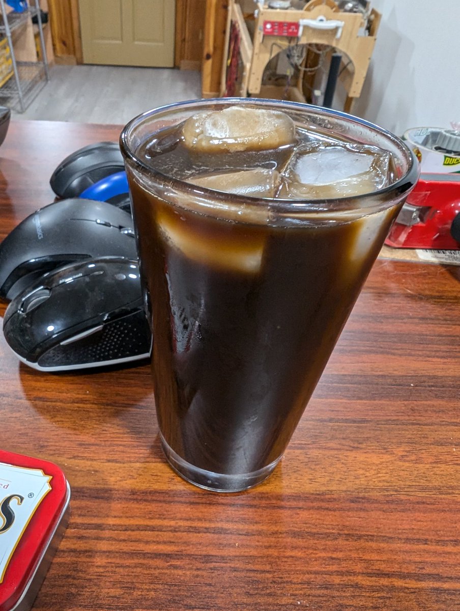 benheck's tweet photo. Still doing pretty well with my soda kick. One can in the morning. Then I make a pot of coffee, drink 2, put the rest in a Stanley cup in fridge with sugar and milk, and the next day I have ice coffee. So I only brew every other day with minimal waste. #wantNot https://t.co/r8eI0mAMLe