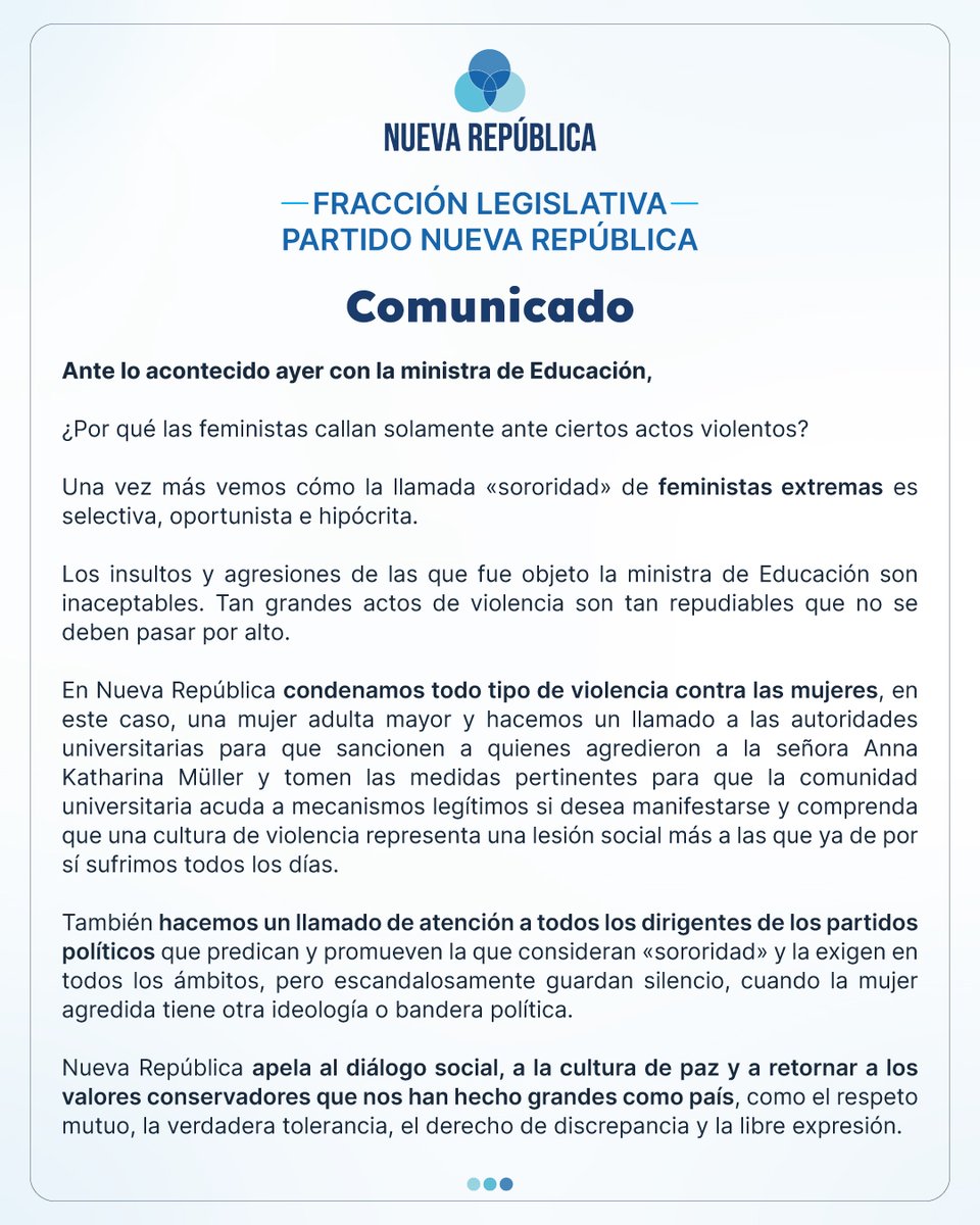 Comunicado de la Fracción Legislativa de Nueva República ante lo acontecido ayer con la ministra de Educación.