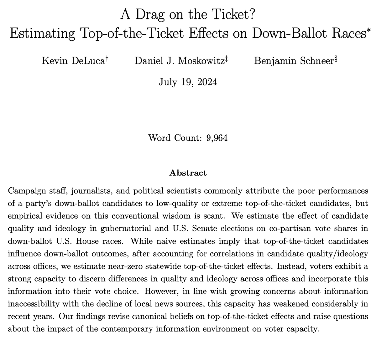 danmoskowitz's tweet photo. While only indirectly informative to the presidential election context, in a new paper with @cantstopkevin and @BenSchneer, we estimate statewide Senate/governor top-of-ticket effects on down-ballot House candidate vote shares. 

PDF of paper: https://t.co/hw4D0IpSqK https://t.co/a9yaNxnsmB