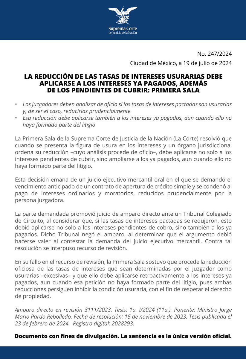 SCJN's tweet image. Cuando se presenta la figura de usura en los intereses y un órgano jurisdiccional ordena su reducción, debe aplicarse no sólo a los intereses pendientes de cubrir, sino ampliarse a los ya pagados, resolvió la #PrimeraSalaSCJN
bit.ly/3YbsPOL
