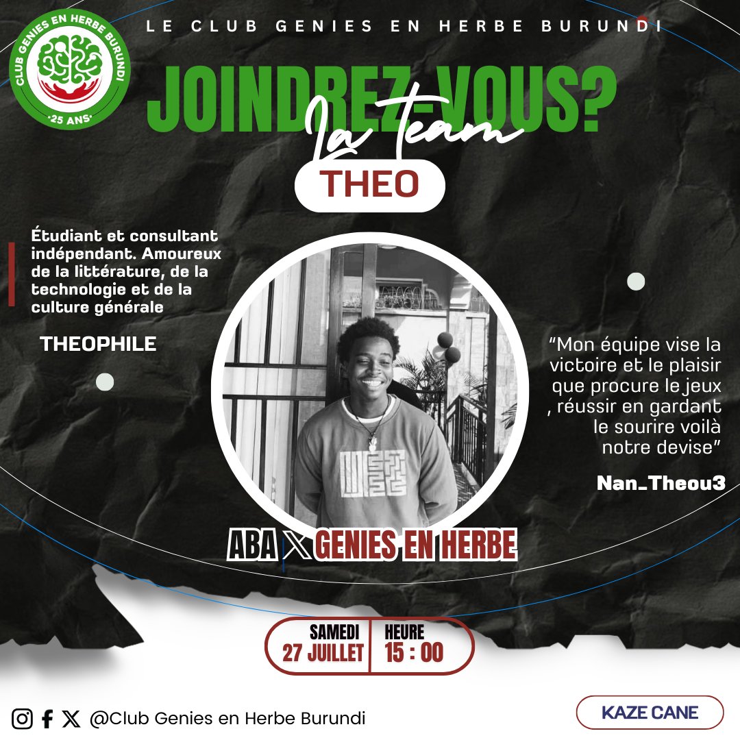 GeniesBurundi's tweet photo. 🤩 #Abatwip Regardez un peu 4 de nos 8 capitaines qui vont casser le fer ce 27 juillet chez #AbaXGeniesenHerbe.
Dans quelle équipe aimeriez-vous être?
Vous voulez aussi jouer le Jour J? Inscrivez-vous via ce lien https://t.co/GMIkdVdtRY, mais les places sont limitées.
#AbaxGH https://t.co/wGY0Jo8Xsc