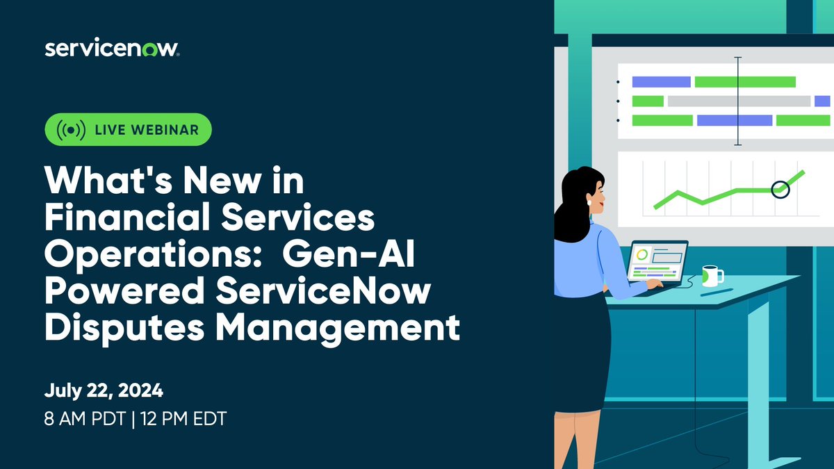 JaneenOsselborn's tweet photo. Learn about the latest innovations in Financial Services Operations for Banking, including enhanced integrations with Visa and Mastercard disputes services. Register here: https://t.co/6uLfhQYpCn #ServiceNowPartner #PEAK #PartnerEngagement https://t.co/dAE92YRjvf