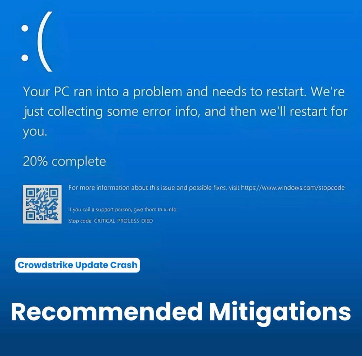 Hrantdink0's tweet photo. Numerous Microsoft Windows users globally are encountering Blue Screen of Death (BSOD) errors after a recent update from CrowdStrike.

Recommended Mitigations

1) Boot Windows into Safe Mode
2) Navigate to the directory C:\Windows\System32\drivers\CrowdStrike
#مطارات_العالم https://t.co/6waNB9ADoR