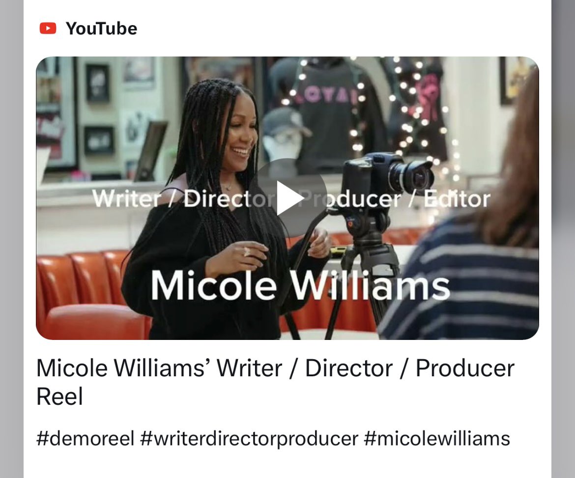 willmpower's tweet image. #filmmakerfriday here’s Micole Williams’ Writer / Director / Producer Reel youtu.be/EaXqr0leLqs?si… via @YouTube excited about the next project!