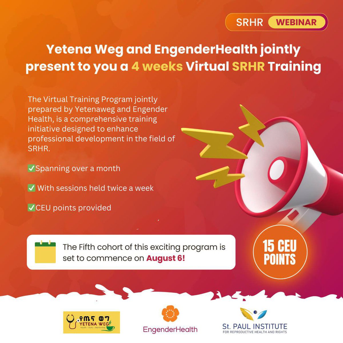 Are you a healthcare professional or student interested in SRHR ⁉️⁉️

Another round is here for passionate healthcare professionals like you! 

Join us for an enriching 4-week virtual training journey presented by #YetenaWeg and <a href="/EngenderHealth/">EngenderHealth</a> 

Dive in to an informative