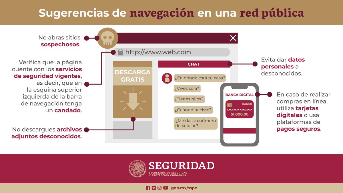 Al navegar en una red pública puedes ser víctima de algún #ciberdelito, por ello te compartimos estas recomendaciones, para disminuir el riesgo.