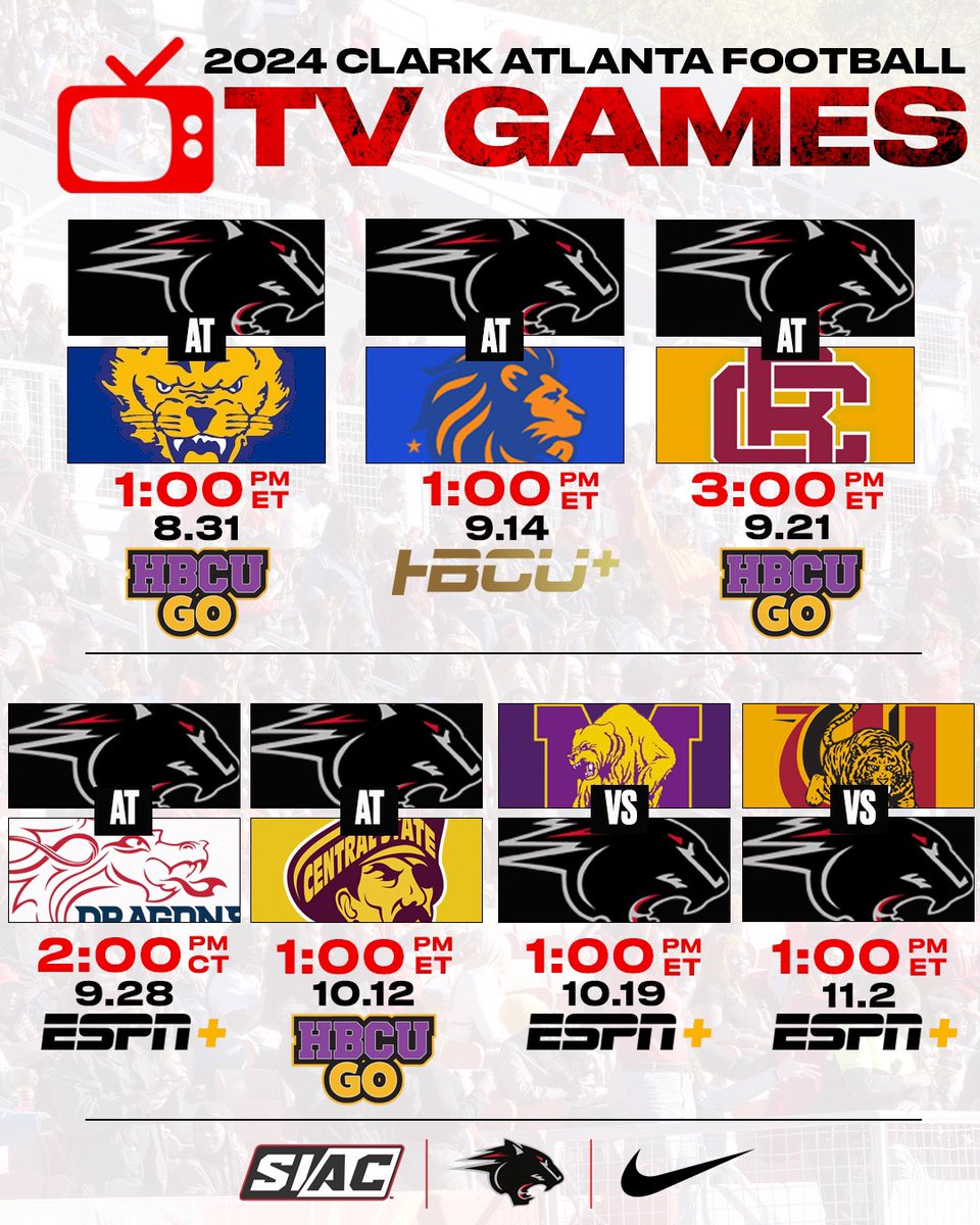 Check out the Panthers on TV in 𝐒𝐄𝐕𝐄𝐍 nationally televised games this fall starting with the Season Opener at Fort Valley on August 31! 📺🏈🐾

#GoPanthers🐾 | #WeAreCAU