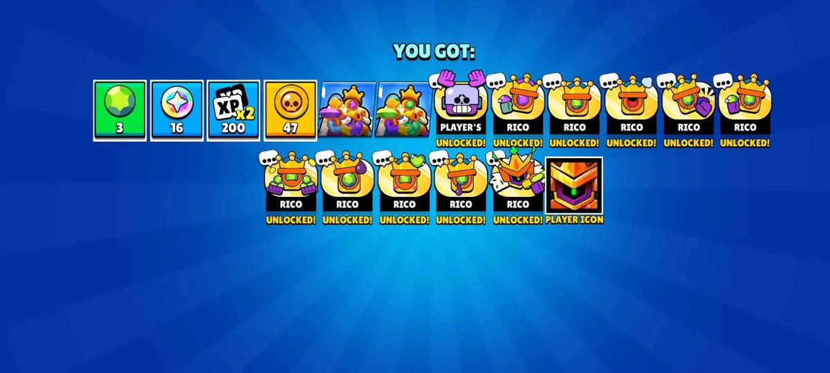 uncprog's tweet photo. 10th Mega box luck
This makes the count of skins I got on luck factor only to 73 (from star drops, rank drops and mega boxes)
since I completed 10/10 Mega boxes, I got Bling rico!
#brawlstars #megaboxes #classicbrawl https://t.co/GZ14Uj2xWM