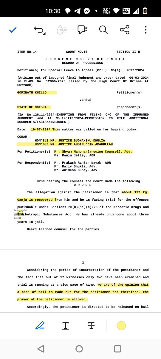 ShyamMa50443572's tweet image. #supremecourtofindia 
#OrissaHighCourt 
#regularbail 
FROM Hon'ble Supreme court in NDPS matter.