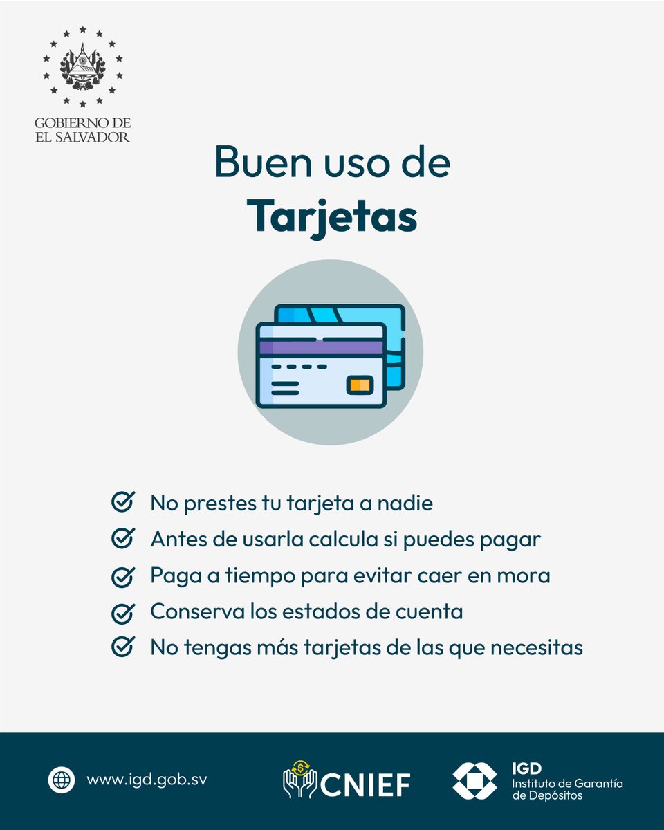 IGD_SV's tweet photo. ¡Haz un buen uso de tus tarjetas de crédito! ✅

Te compartimos los siguientes consejos que debes de tomar en cuenta para usar correctamente tus tarjetas. 💳

#GarantíaDeDepósitosSV #IGDSV https://t.co/3Duw5ACTjk