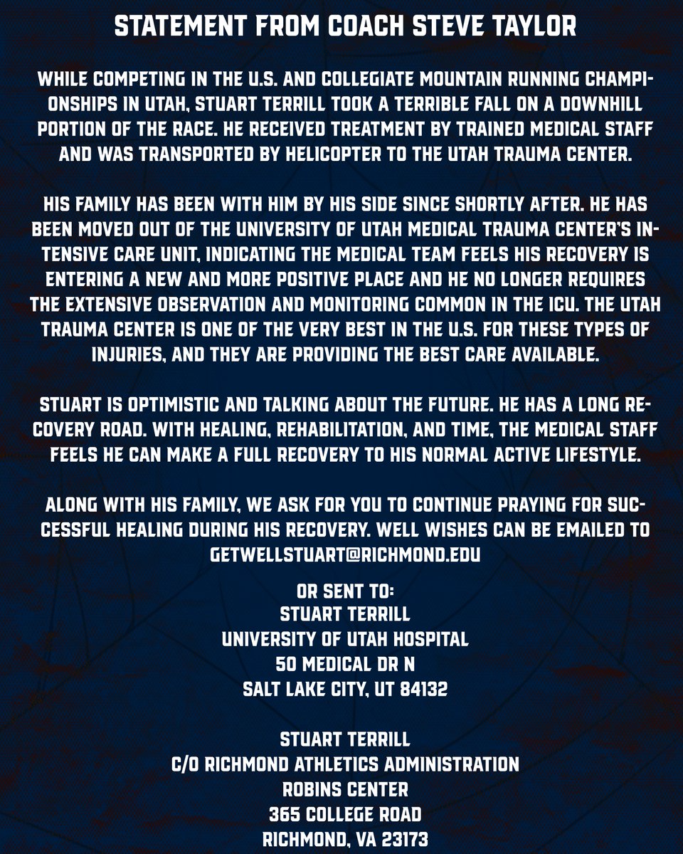 RichmondXCTF's tweet photo. Sending our support to Stuart.

We ask that you please keep him and his family in your thoughts as he goes through the recovery process. 

@SpiderAthletics https://t.co/7RdyGbDoEa