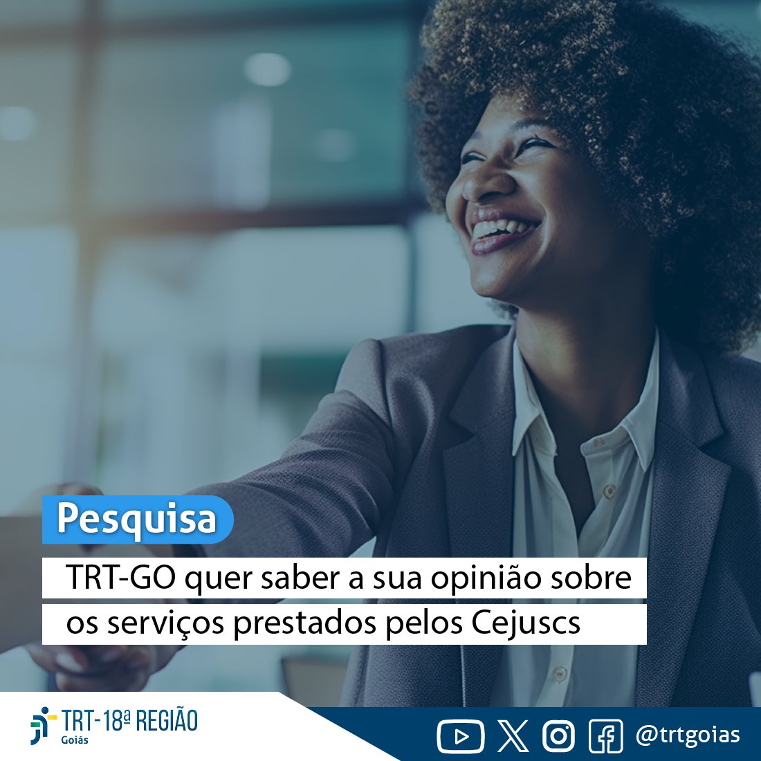 A pesquisa de satisfação será permanente e ajudará a aperfeiçoar os serviços de conciliação e mediação prestados à sociedade. O formulário da pesquisa está disponível no menu “Serviços/Conciliação/Conciliação em conflitos individuais em trt18.jus.br). 
#ttrtgo #cejusc