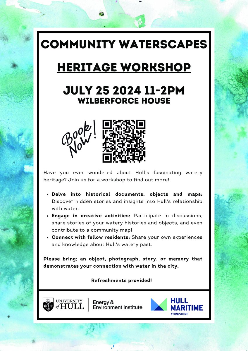 Have you ever wondered about Hull's fascinating watery heritage?

Join us for a workshop to find out more!

📆 25 July
⏰ 11am - 2pm
📍 Wilberforce House
🔗 eventbrite.co.uk/e/community-wa…
