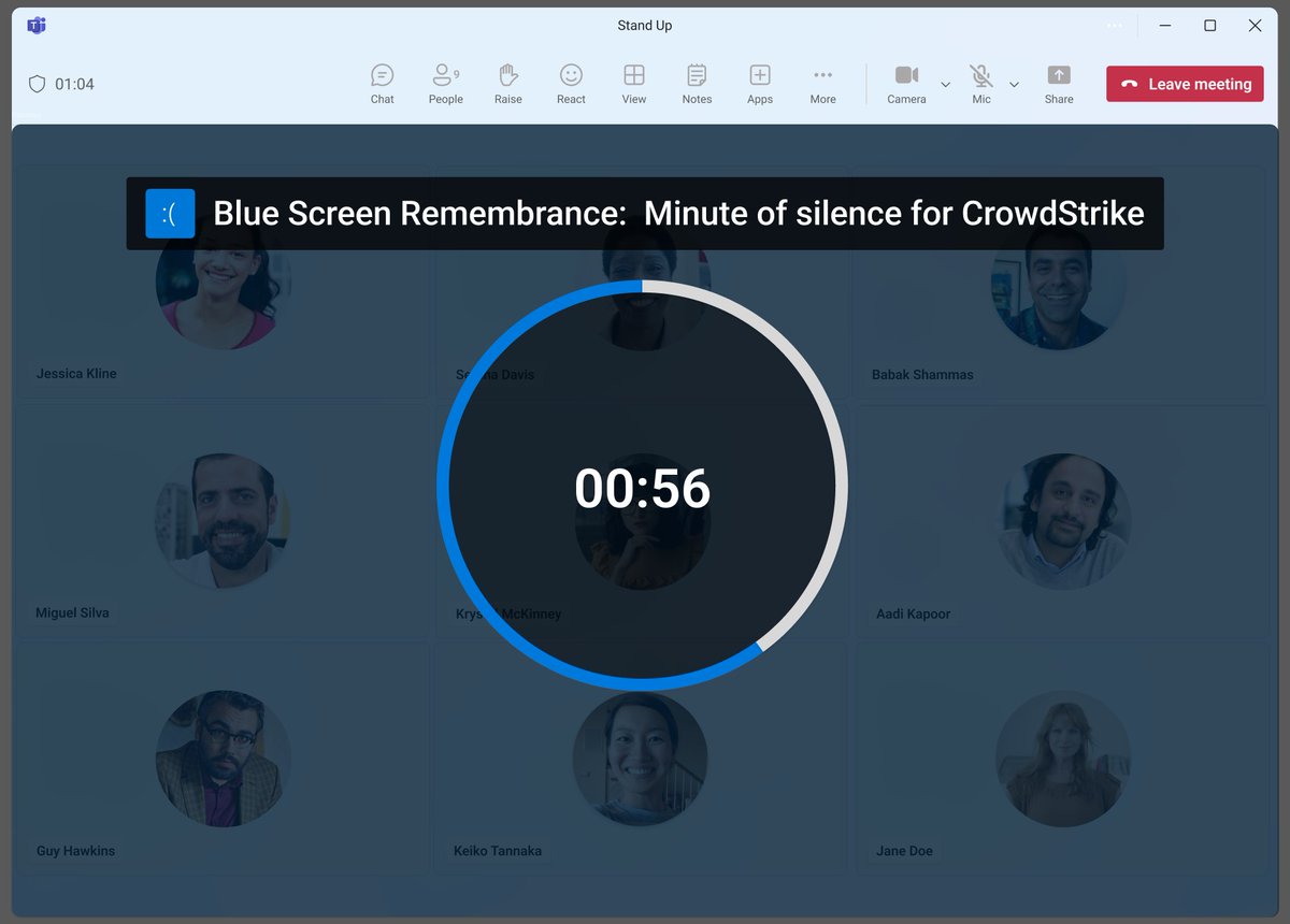 tonypiresdev's tweet photo. Imagine if Teams forced a minute of silence in your first meeting every July 18th to commemorate the CrowdStrike Windows crash. https://t.co/hEkekQc7ws