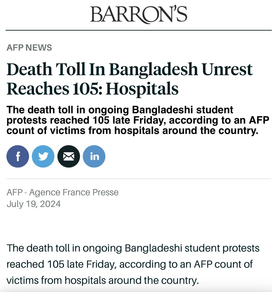 ZulkarnainSaer's tweet photo. "The death toll in ongoing Bangladeshi student protests reached 105 late Friday, according to an AFP count of victims from hospitals around the country.

A combined 24 deaths were reported across three hospitals in the capital Dhaka and another six deaths in the northern city of Rangpur, in addition to 75 deaths previously reported."

Reports @AFP