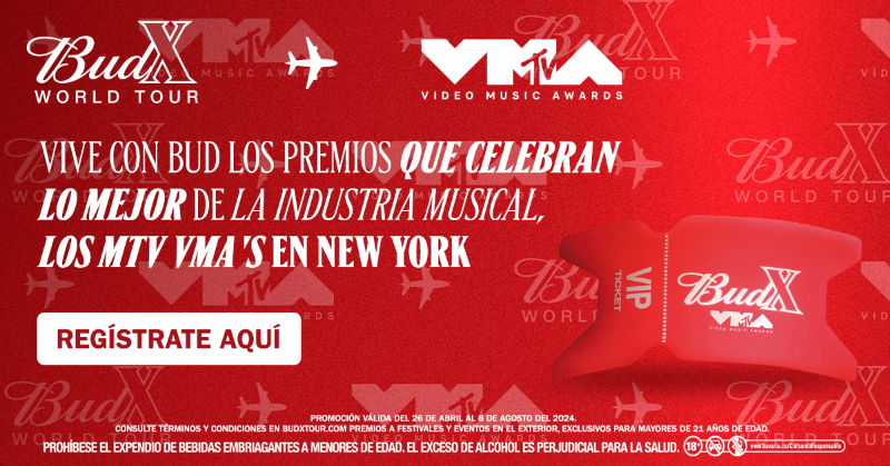 BudweiserCo's tweet photo. ✈️ Próximo vuelo con destino Nueva York 🗽 - MTV VMA's. ¿Quién dijo "YO"? 😎. Compra, registra y acumula puntos