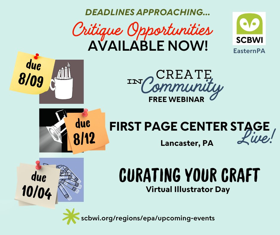 📌There are still critique spots available for our upcoming webinars— #authors &amp; #illustrators please submit your work before the due dates⏰See our website for more details
scbwi.org/regions/epa/up… #kidlitillustration #kidlitwriting #amquerying  <a href="/SCBWI_ohionorth/">SCBWI - Ohio North</a> <a href="/SCBWIPAWest/">SCBWI PA West</a>