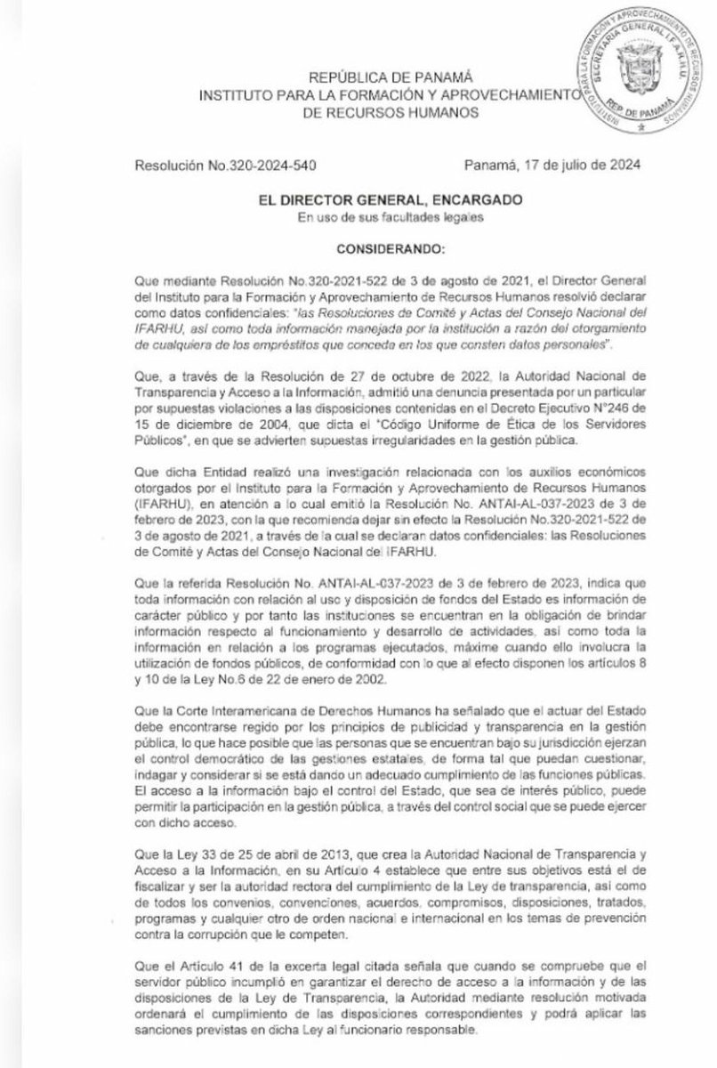 criticaenlinea's tweet photo. #NacionalCri Resolución emitida en el 2021 que declaró como datos confidenciales las resoluciones y actas relacionadas a los auxilios económicos del @IFARHU, quedan sin efecto. Todo vuelve a ser público. https://t.co/Pl3QbEoyzh
