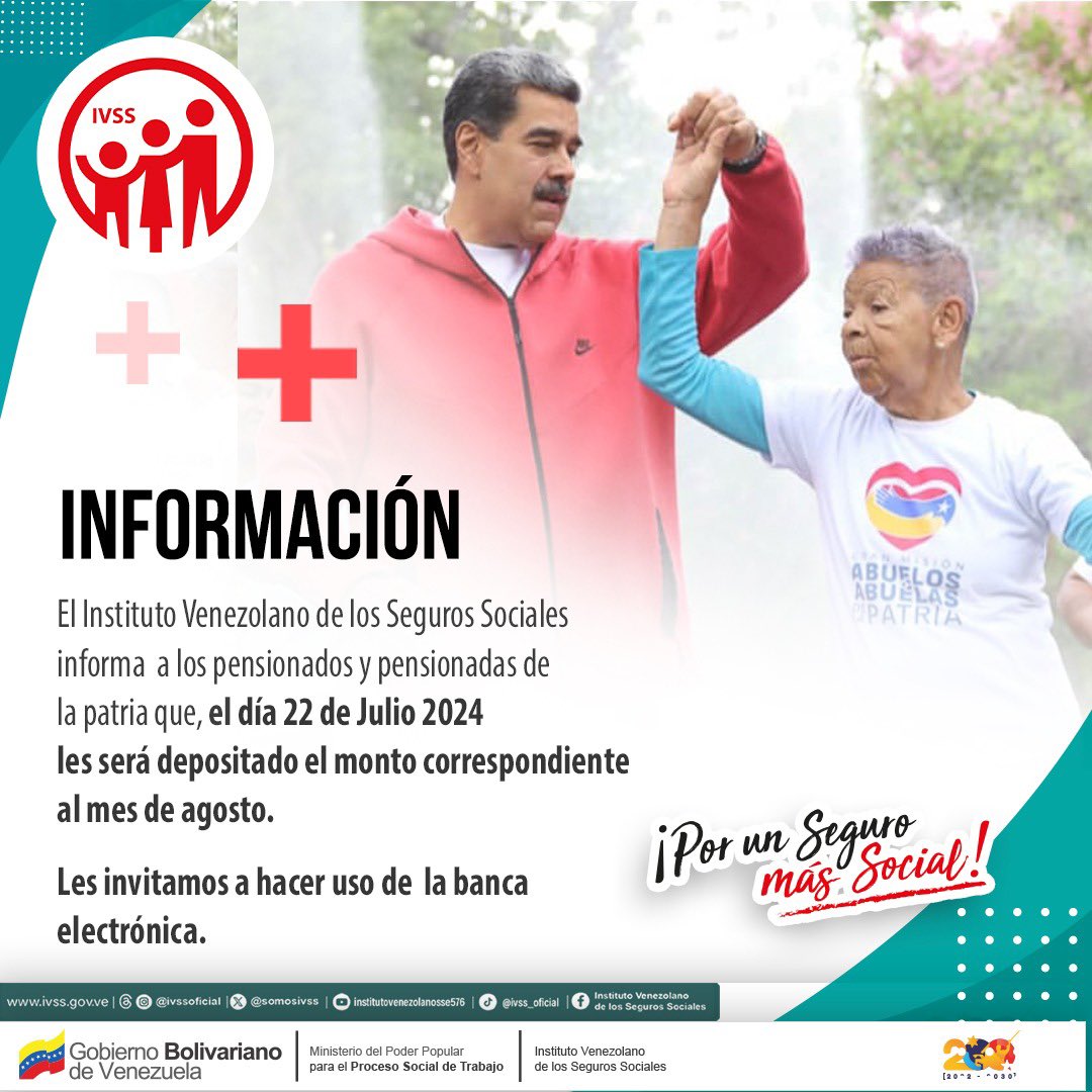 MagaGutierrezV's tweet photo. #19Jul | Siempre cumpliendo con los compromisos de la #SeguridadSocial el próximo #Lunes #22Jul se hace efectivo el pago de la #Pensión correspondiente al mes de #Agosto. Somos #PuebloVictorioso! @NicolasMaduro @MinTrabajoVE @ConCiliaFlores @MervinMaldonad0 https://t.co/WxnfvH7fsw