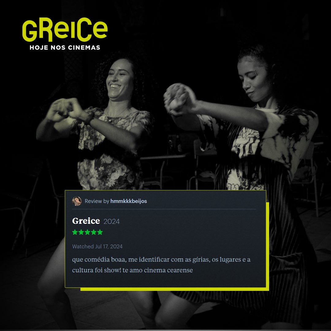 vitrine_filmes's tweet photo. “Greice” mal chegou nas salas de cinema e já conquistou o coração dos usuários do @letterboxd. 💚
Garanta já seu ingresso no link na bio.
#Greice #CinemaNacional #VitrineFilmes #OlharDeCinema #CuritibaIFF #HojeNosCinemas
#LeiPauloGustavoSP #tudoviracultsp https://t.co/y6XRfvPxsJ