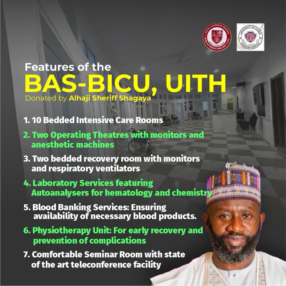 InsideIlorin_NG's tweet photo. In just one year, Alhaji Sheriff Shagaya donated a state-of-the-art Burn Intensive Care Unit to UITH Ilorin!
The BAS-BICU features 10 ICU rooms, 2 operating theatres, and cutting-edge lab services. A gift of hope and healing for burn victims.
#KwaraFirst https://t.co/sQhWEbAMiN