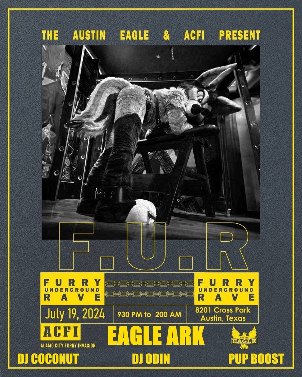 The rave is back! ACFI is proud to present the Eagle Ark FUR night in Austin, TX, TONIGHT from 9:30pm to 2am, at the Austin Eagle, 8201 Cross Park. You bring the fur, we'll bring the unce. 🎵

21+ Only / Furry DJs / Rave / All Furries, Pups, Pets and Handlers welcome