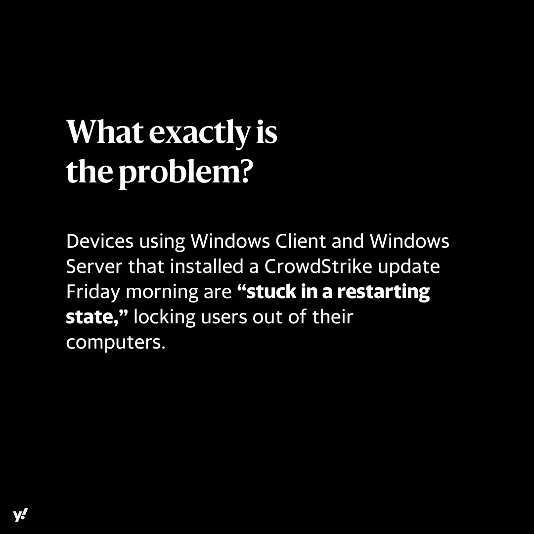 YahooNews's tweet photo. A massive tech outage has hit global computer systems, affecting airlines, hospitals, 911 call centers, banks and other businesses. Large companies cannot automate reboots, leading to prolonged fixes by experts.

Here's what you need to know.  https://t.co/6VOIymALnz https://t.co/EtprFz3Kbe