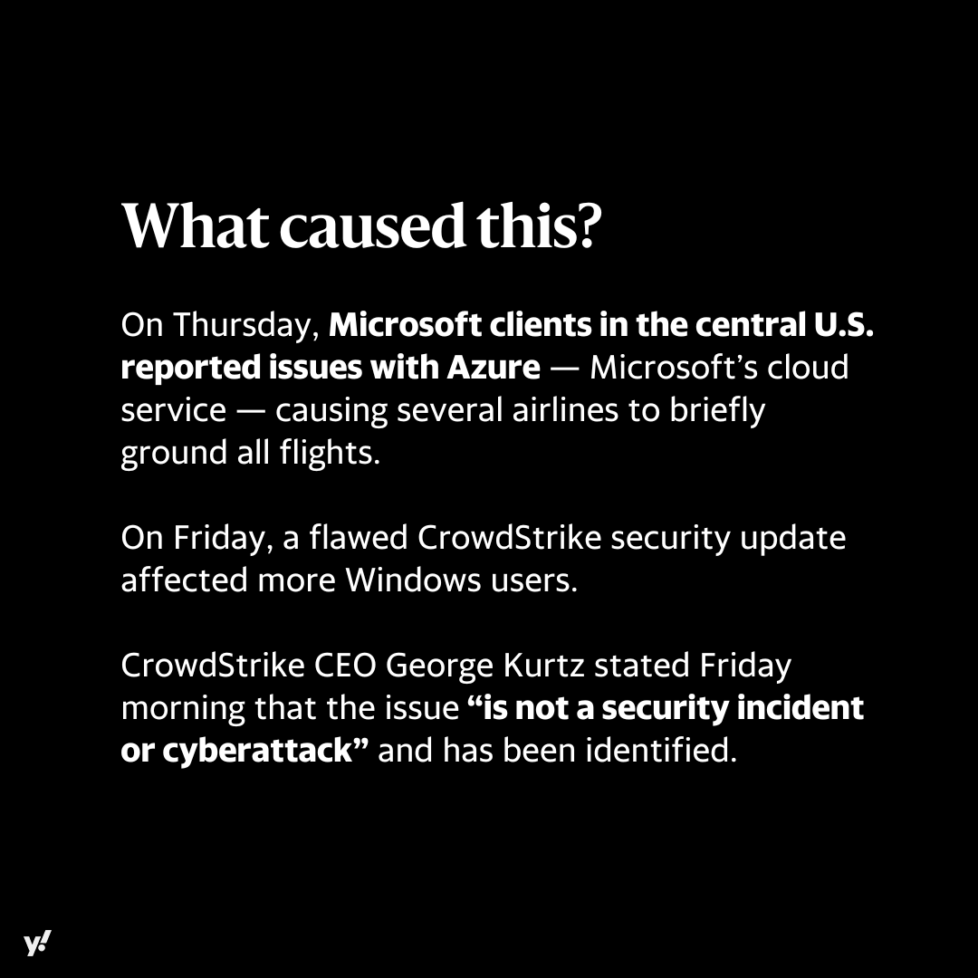 YahooNews's tweet photo. A massive tech outage has hit global computer systems, affecting airlines, hospitals, 911 call centers, banks and other businesses. Large companies cannot automate reboots, leading to prolonged fixes by experts.

Here's what you need to know.  https://t.co/6VOIymALnz https://t.co/EtprFz3Kbe