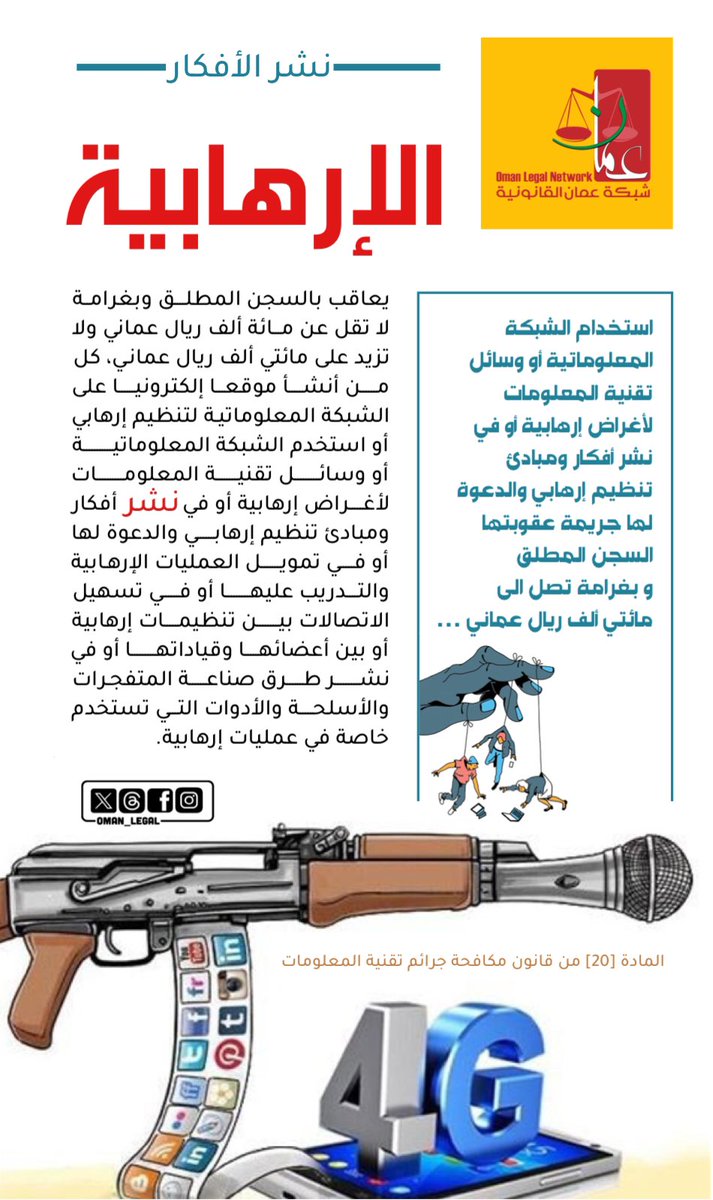 استخدام الشبكة المعلوماتية أو وسائل تقنية المعلومات لأغراض إرهابية أو في نشر أفكار ومبادئ تنظيم إرهابي والدعوة لها جريمة عقوبتها السجن المطلق و بغرامة تصل الى مائتي ألف ريال عماني . 
~~~~~
#شبكة_عمان_القانونية #ثقافة_قانونية