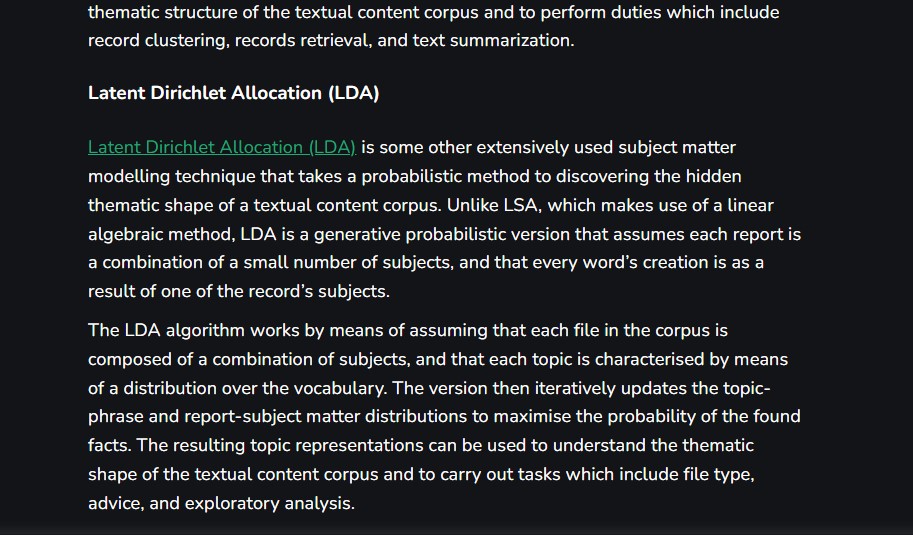 ZERG220145's tweet photo. #LSPPDay49 
Continued my exploration of Topic Modeling today. I delved into its types: LSA (Latent Semantic Analysis) and LDA (Latent Dirichlet Allocation), and learned about their differences. 
#NLP #TopicModeling #60DaysOfLearning2024 #LearningWithLeapfrog
@lftechnology https://t.co/Q1EVLuCHy4