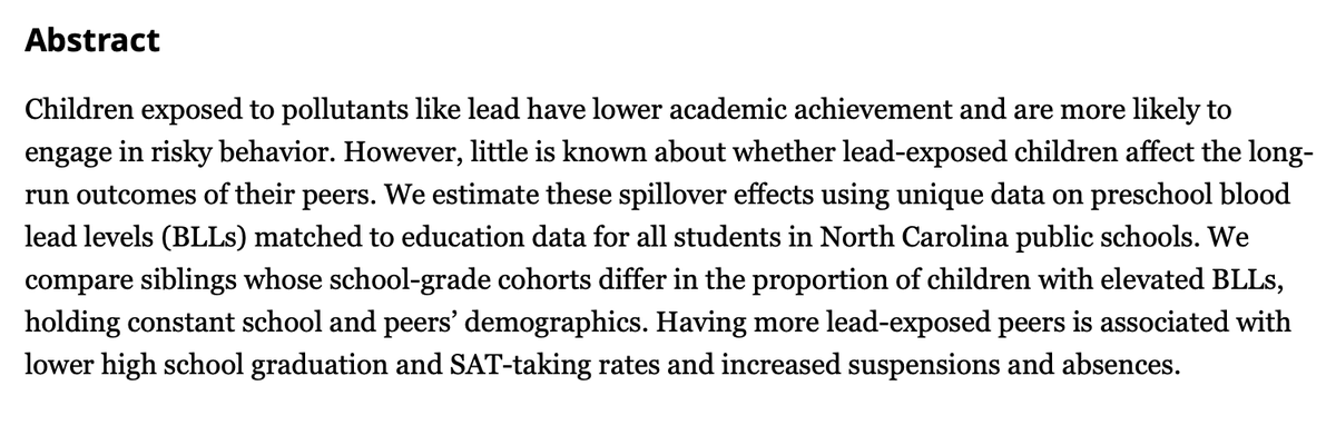 Recently published in J of Labor Econ:

"The Long-Run Spillover Effects of Pollution: How Exposure to Lead Affects Everyone in the Classroom" by <a href="/LudoGazze/">Ludovica Gazzè</a>, <a href="/ClaudiaLPersico/">Claudia Persico (@claudiapersico.bsky.social)</a>, and <a href="/sspirovs/">Sandra Spirovska</a>

doi.org/10.1086/723175
